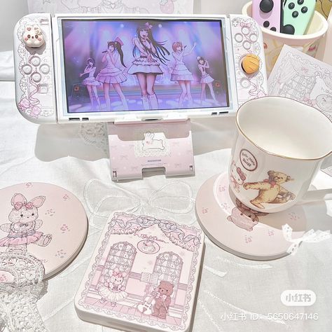 Coquette Nintendo Switch, Sketty Noodle, Coquette Games, Cute Nintendo Switch Accessories, Tech Wishlist, Cute Nintendo Switch, Cheonan, Bedroom Redesign, Nintendo Switch Case