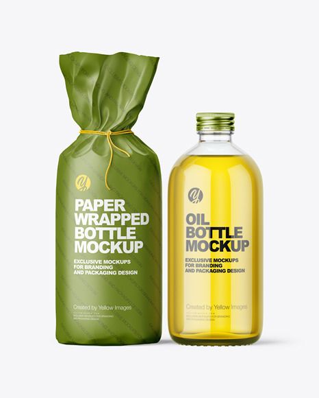 Glass Oil Bottle With Paper Wrapping Packaging Mockup Oil Packing Design Bottle, Oil Branding, Craft Paper Wrapping, Realistic Render, Olive Oil Packaging, Juice Carton, Oil Packaging, Facial Oils, Virgin Oil