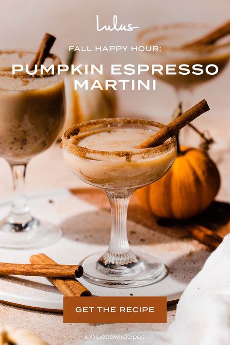 Pumpkin Cream Espresso Martini, Pumpkin Espresso Martini, Fall Happy Hour, Pumpkin Martini Recipe, Pumpkin Espresso, Autumn Beverages, Boujee Christmas, Fall Cocktail Party, Pumpkin Martini