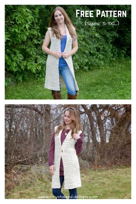 Juniper Long Vest Free Crochet Pattern Crochet Vest Pattern Free Woman, Long Vest Pattern, Diy Shrug, Aesthetic Crochet Patterns, Crochet Vest Pattern Free, Shrug Crochet, Crochet Patterns Ideas, Long Waistcoat, Vest Pattern Free