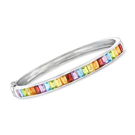 Ross-Simons - 6.20ct t. w. Multi-Gemstone Bangle Bracelet in Silver. 7". Make your stack a reflection of your fun-loving personality by adding in this rainbow bangle, featuring a chromatic array of 6.20 ct. tot. gem wt. emerald-cut garnet, citrine, peridot, Swiss blue topaz, peridot and amethyst jewels. Set in sterling silver. Hinged with a figure 8 safety. Box clasp, multi-gemstone bangle bracelet. Garnet birthstones are the perfect gift for January birthdays. Loving Personality, Gemstone Bangle Bracelets, Garnet Birthstone, Safety Box, Bracelet In Silver, Gemstone Bangle, Silver Bangle Bracelet, Fine Jewelery, Sterling Silver Bangle Bracelets