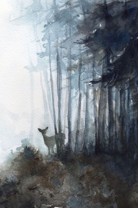 Watercolor Paintings Landscape, Misty Forest Watercolor, Painting Pine Trees, Trees Watercolor Painting, Forest Watercolor Painting, Pine Tree Painting, Forest Watercolor, Forest Deer, Tree Watercolor Painting