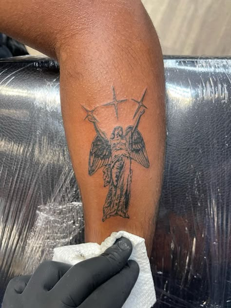 tattoo, angel tattoo, arm tattoo Religous Tattoo Designs Men, Angel Tattoo Arm, Black Men Tattoos, Tattoo Angel, Simple Arm Tattoos, Simple Tattoos For Guys, Tattoo Themes, Forarm Tattoos, Clever Tattoos