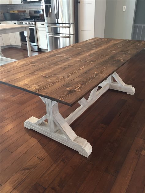 X-leg farmhouse table. Top in dark walnut and base painted white with an antique glaze overlay. Farmhouse Table Top, Farmhouse Living Room Table, Dark Farmhouse, Farmhouse Dining Room Rug, Brown Wood Table, Kitchen Rugs Ideas, Industrial Farmhouse Decor, Farmhouse Table Decor, Farmhouse Style Table