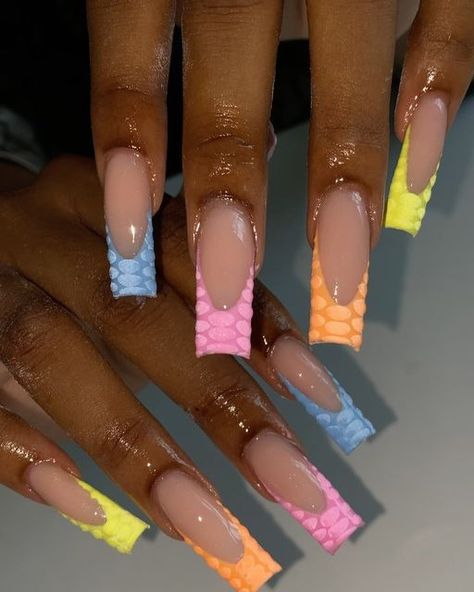 French Tips Medium Length, Crocodile French Tips, Colourful Acrylic Nails, Luv Nails, Holiday Acrylic Nails, Spring Acrylic Nails, Fully Booked, Colored Acrylic Nails, Long Acrylic Nails Coffin