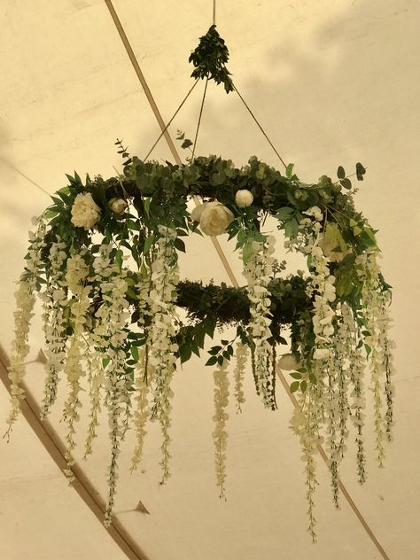 Circle Flower Chandelier, Floral Arrangements Hanging From Ceiling, Hanging Flowers Chandelier, Circle Flower Chandelier Wedding, Florals Hanging From Chandelier Wedding, Hoola Hoop Floral Chandelier, Hanging Floral Chandelier Wedding, Hanging Globes Wedding Decor, Diy Hula Hoop Chandelier Wisteria