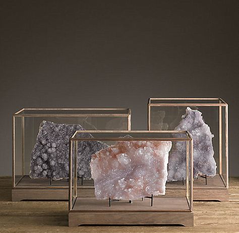 Druzy specimens in display cases from Restoration Hardware Geode Decor, Modul Sofa, Rock Decor, Crystals In The Home, Diy Interior, Crystal Decor, Restoration Hardware, Rocks And Minerals, Display Case