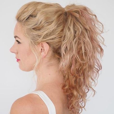 17 Beautiful Ways to Style Blonde Curly Hair #natural #curly #blonde #hairstyles #trends #southernliving Wavy Hair Ponytail Natural, Curly Wedding Ponytail, Ponytails For Curly Hair, Natural Curly Ponytail, Curly Hair Ponytail Styles, Smeared Lipstick, Long Curly Ponytail, Ponytail Ideas, Cute Ponytail Hairstyles