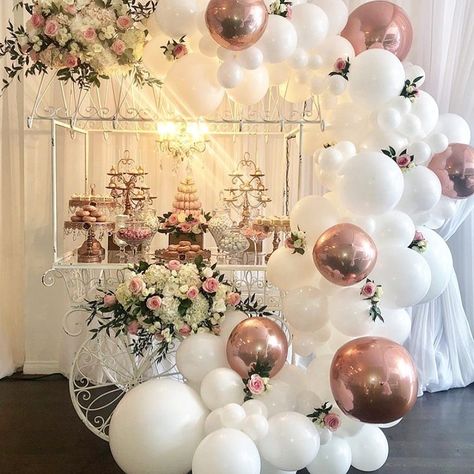 Rose Gold Cake Stand, Dessert Table Decorations, Rose Gold Cake, Deco Ballon, Bridal Shower Decorations Diy, Donut Decorations, Creative Baby Shower, White Bridal Shower, Candy Cart