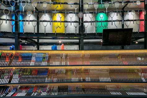 A Tennis Lovers’ Dream Shop for WADA Sports in Himeji, Japan | Yatzer Retail Shop Design, Badminton Store, Badminton Shop, Retail Interior Design, Tennis Shop, New Building, Retail Interior, Sports Shops, Japanese Restaurant