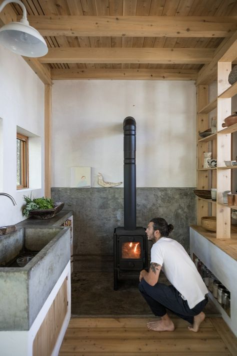 Soot House, Concrete Sink, Concrete Kitchen, Simple Aesthetic, California Beach, Tiny Living, Simple House, Wood Stove, Labour