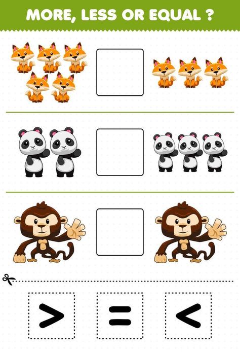 Education game for children more less or equal count the amount of cute cartoon jungle animal fox panda monkey then cut and glue cut the correct sign Cartoon Jungle, Vector Animation, Math Activities For Kids, Pattern Activities, Cut And Glue, Game For Children, More And Less, Jungle Animal, Educational Baby Toys