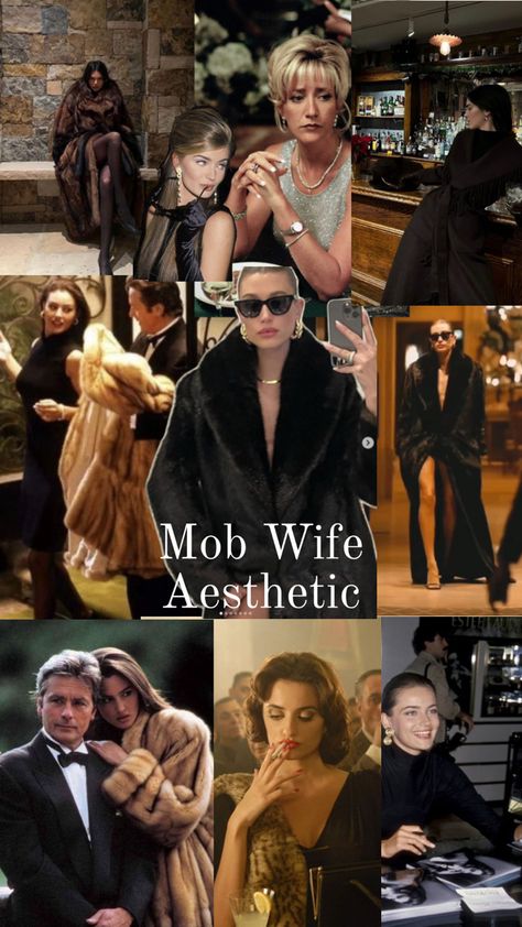 rich wife, gold jewelry, fur coat, black outfits, minimal makeup, smokey eyes, red lipstick Mafia Wife Aesthetic Outfits, Mobster Wife Aesthetic, Mob Wives Costumes, 50s Vintage Aesthetic, Dress With Fur Coat, Mafia Wife, Mob Wife Makeup, Rich Wife, Mafia Wives