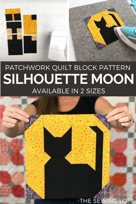 Silhouette Moon Quilt Block | Blocks 2 Quilt - The Sewing Loft Chaos Fairy, Halloween Quilt Blocks, Quilt Border Ideas, Bat Quilt Block, Autumn Quilt, Applique Onesie, Cat Quilt Block, Halloween Quilt Patterns, Cat Quilt Patterns