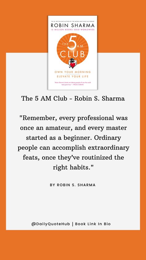 "The 5 AM Club" by Robin S. Sharma promotes waking up at 5 AM to maximize productivity and personal growth. Key concepts include a morning routine of exercise, reflection, and growth to enhance success and well-being. #Quote #The5AMClub #RobinSSharma #MorningRoutine #Productivity #PersonalGrowth #Success #EarlyRiser The 5am Club Quotes, Robin Sharma Quotes 5 Am Club, The 5 Am Club, 5 Am Club, Robin Sharma Quotes, Club Quote, 5am Club, Am Club, Empowering Books