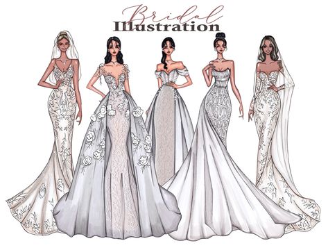 Fashion Illustration Bridal, Fashion Dresses Drawing, Bridal Fashion Illustration, Wedding Dress Drawing, Bridal Illustration, Bride Fashion Illustration, Paar Illustration, Figure Illustration, Wedding Dress Illustrations