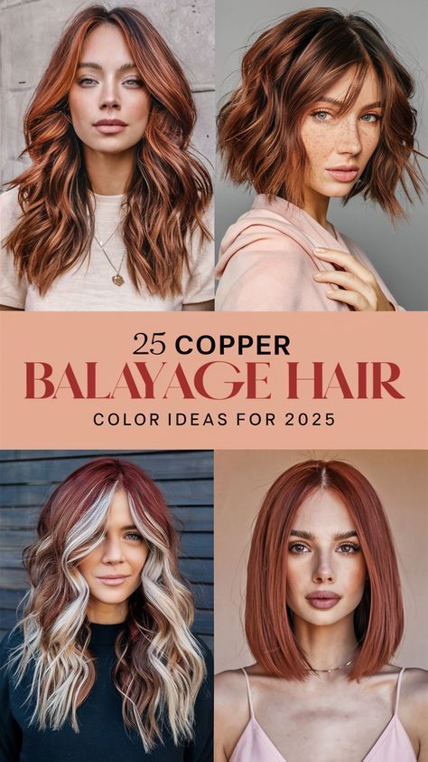 Short Copper Hair With Blonde Highlights, Auburn Balayage Copper, Copper Balayage Hair, Ginger Highlights, Short Copper Hair, Auburn Hair With Highlights, Color 2025, Auburn Balayage, Balayage Hair Color Ideas