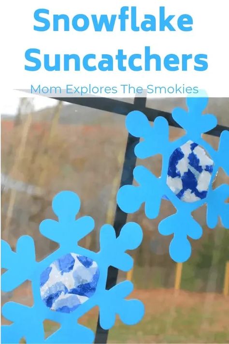 A fun entertaining craft for kids on those dreary winter days. Snowflake Suncatcher, Snow Crafts, Snowflake Craft, Simple Snowflake, Inexpensive Crafts, Suncatcher Craft, Fun Winter Activities, Winter Activities For Kids, Winter Preschool