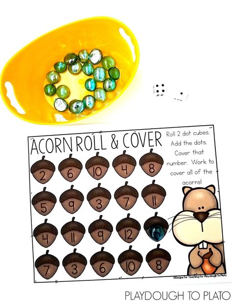 FREE Acorn Roll & Cover game!  Students will love racing through this fall themed math game. Preschool and kindergarten kids will be having so much fun they won’t even know they are practicing counting, subitizing, and adding! #freemathgames #fallmathgames #acorngames #playdoughtoplato Roll And Cover, Playdough To Plato, Free Math Games, Number Formation, Sensory Motor, Fall Preschool Activities, Fall Lessons, Abc Games, Tree Study