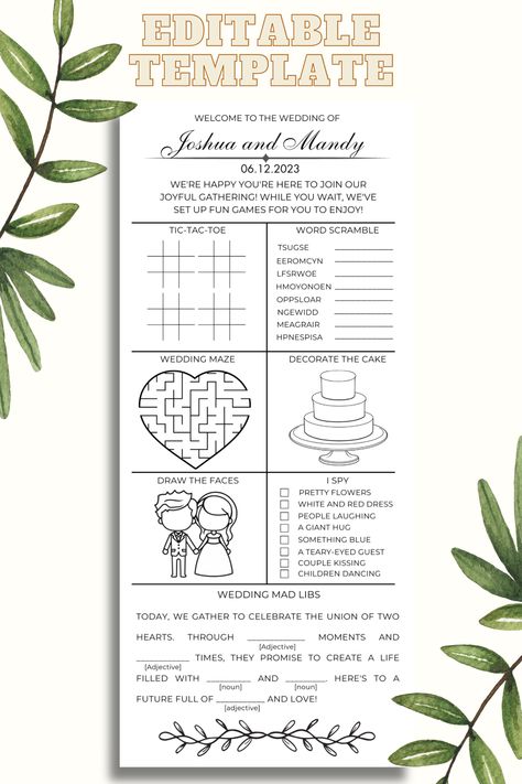 https://artrocketcreations.etsy.com This is a Minimalist Activity Sheet for guests entertainment at a wedding reception. This Unique Printable Game Sheet offers a range of fun wedding games for guests to enjoy. Customizable and available as a Digital Download, this will add a unique touch to your special day. Editable Wedding Template using Canva. This Canva Template is easy to use. The size is 4x9, which is commonly used for menus. Wedding Table Games, Games Template, Fun Wedding Games, Guest Entertainment, Wedding Mad Libs, Entertainment Wedding, Reception Games, Wedding Games For Guests, Cake Drawing