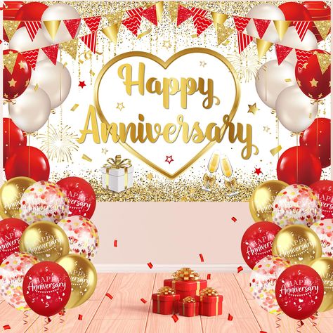 PRICES MAY VARY. 【Red Gold Anniversary Party Decorations】: The package included a red gold happy anniversary banner and 18 pieces of red gold happy anniversary balloons, which is printed with a large gold heart and eye-catching “Happy Anniversary” writing, easily create a loving anniversary party 【Large Size】: The measurement of red gold anniversary banner is 70.8 x 43.3 inch (180 x 110 cm), and come with 12inch happy anniversary balloons, which can make sure that everyone attending the annivers Anniversary Ideas For Couples, Gold Anniversary Decorations, Happy Anniversary Balloons, Gold Anniversary Party, Happy Anniversary Banner, Anniversary Balloons, Background For Wedding, Anniversary Wishes For Couple, Happy Wedding Anniversary