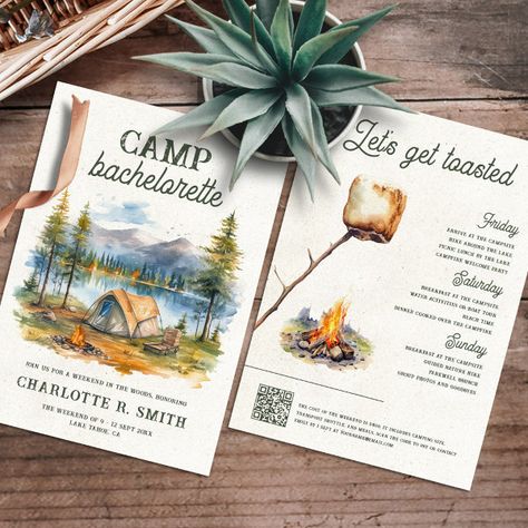 Watercolor Mountain Forest Camp Bachelorette Party Invitation Bachelorette Camping, Camp Bachelorette Party, Bachelorette Brunch, Bachelorette Weekend Itinerary, Summer Camp Wedding, Forest Camp, Bunny Watercolor, Bachelorette Itinerary, Bachelorette Party Invitation