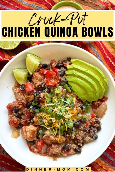 Crock-Pot Chicken and Quinoa is easy to make and fiesta-worthy. The tasty filling is perfect for fajita bowls, tacos, or nachos. Slow Cooker Quinoa, Chicken And Quinoa, Quinoa Burrito, Chicken Taco Bowls, Chicken Fajitas Crockpot, Beans In Crockpot, Slow Cooker Dinner Recipes, Quinoa Recipe, Fajita Bowls