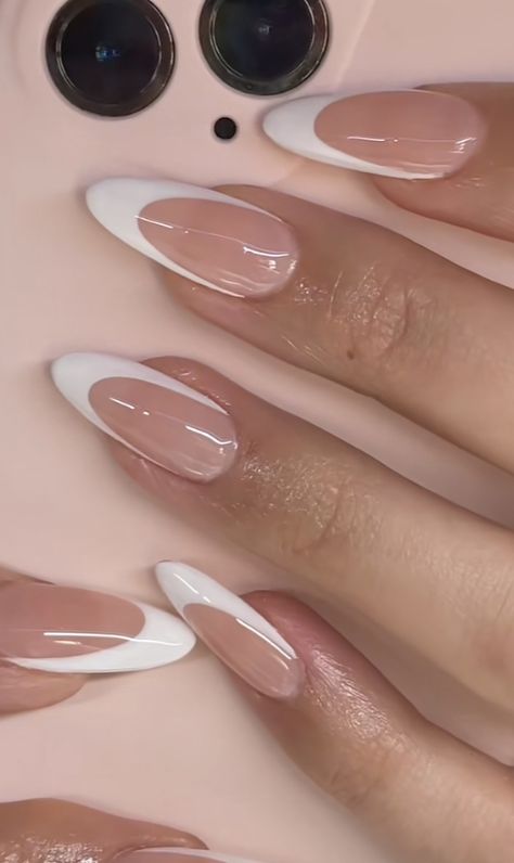 Almond Nails Deep French, Almond Pearl French Tip Nails, Almond Deep French Nails, Sharp Almond French Tip, French Nails Sharp Almond, Long Almond Chrome French Tip Nails, Long Almond White French Tip Nails, Deep French Tip, Deep French Nails