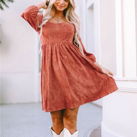 Bnwt - Rust Suede Square Neck Mini Swing Dress With Square Neckline. Polyester/Elastane. Soft, Stretchy, And Perfect For Fall! Approx Flat Measurements: Lg: 18”B, 16”W(Elastic), 37.5”L, 3/4 Sleeves With Elastic Cuff Seams Dress With Square Neckline, Dresses Brown, Fall Dress Outfit, Casual Preppy Outfits, Church Dresses, Suede Dress, Puffed Sleeves Dress, Hoco Dresses, Puffed Sleeves