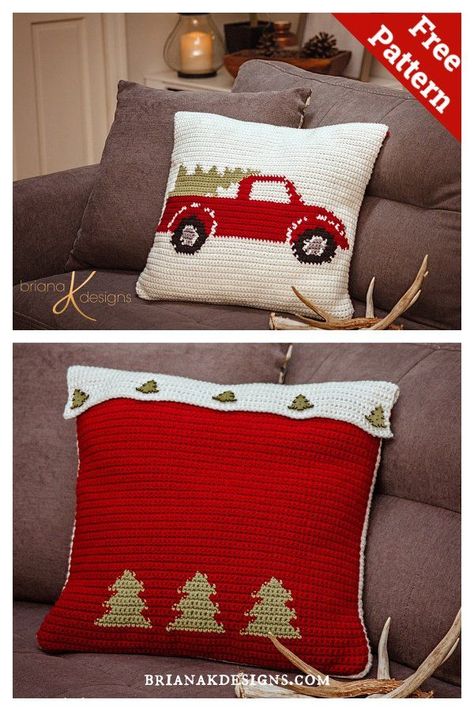 Farmhouse Truck Pillow Cover Free Crochet Pattern Christmas Pillow Crochet, Crochet Pillow Patterns Free, Farmhouse Truck, Holiday Crochet Patterns, Christmas Tree Skirts Patterns, Tree Skirt Pattern, Pillow Covers Pattern, Crochet Tree, Pillow Crochet