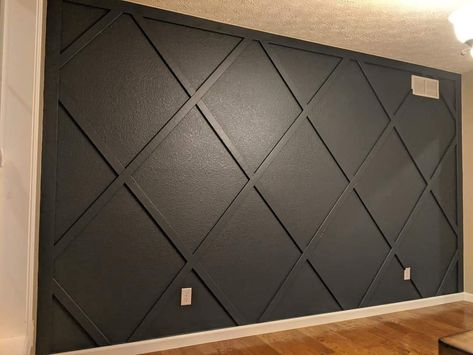 Black And Gold Wall Paneling, Geometric Wood Feature Wall, Trim Wall Design, Medspa Design, Geometric Wood Paneling Wall, Black Timber Wall Panelling, Unique Wall Design, Diamond Pattern Wood Accent Wall, Batten Board