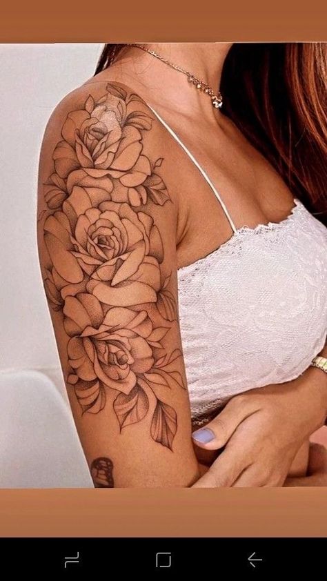 Half Sleeve Tattoo Upper Arm, Shoulder Sleeve Tattoos, Rose Shoulder Tattoo, Rose Tattoos For Women, Hand Tattoos For Girls, Clever Tattoos, Tattoos For Women Half Sleeve, Flower Tattoo Shoulder, Flower Tattoo Arm