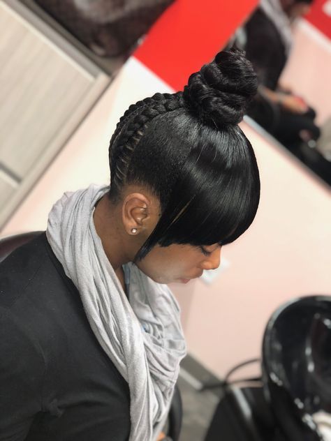 Hairstyle With Weave, Bun With Braids, Bangs Hairstyle, 2 Braids, Top Knot Bun, Knot Bun, Braided Bun, Braided Ponytail, Braids Hairstyles