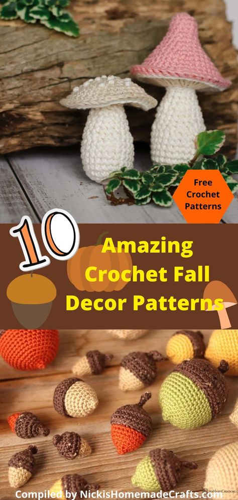 Fall Crochet Home Decor Patterns, Knitted Fall Decorations, Autumn Crochet Free Patterns, Crochet Fall Room Decor, Crochet For Kindergarten, Crochet Fall Decor Patterns, Crochet Autumn Decor Free Pattern, Fall Decor Crochet Patterns, Fall Crochet Ideas To Sell