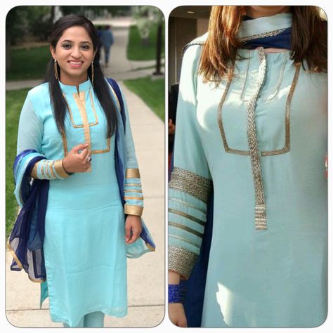 Golden Lace Neck Design Kurti, Blue Dupatta Combination Suit, Double Colour Kurti Designs, Sky Blue Punjabi Suit, Sky Blue Suits Women Indian, Sky Blue Combination Dress, Gorget Kurti, Blue Punjabi Suit, Embroidery Suits Punjabi Party Wear