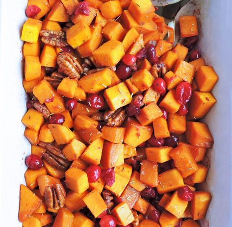 Honey Roasted Butternut Squash with Cranberries & Pecans Honey Roasted Butternut Squash, Butternut Squash With Cranberries, Gooey Cinnamon Rolls, Brown Sugar Pork Chops, Cranberry Orange Scones, Autumn Side Dishes, Cranberry Bread, Frozen Cranberries, Pork Loin Roast