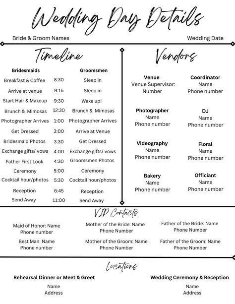 Plan your perfect day with ease and style using this custom wedding timeline and details template. This user-friendly guide helps you organize a summary of those special details and people apart of your wedding, from pre-ceremony to the final send-off. Simply edit the times/dates/names to fit for your your special day and send digitally or print for everyone to know times/persons of contact day of! Please note that this is a digital product, nothing will be mailed to you. You will need a Canva l Wedding Line Up Order, Wedding Line Up Order Ceremony, Wedding Processional Order, Wedding Personal Touches, Processional Order, Wedding Processional, Sims Challenge, Timeline Template, Bridesmaids Photos