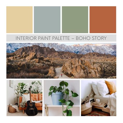 Burnt Orange Color Palette Bedrooms, Boho Furniture Painted, Log Cabin Interior Paint Colors, Southwestern Color Palette, Interior Paint Color Palette, House Color Schemes Interior, Boho Color Scheme, Southwestern House, Rustic Color Schemes