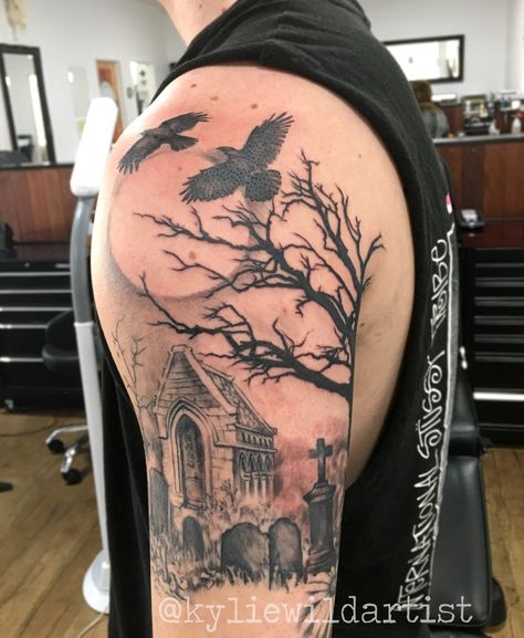 Graveyard, tree, crows, moon, tombstones, tattoo sleeve in progress by Kylie Wild Heslop, Canberra, Australia based Tattoo Artist Halloween Tree Tattoo, Tattoo Tombstone, Graveyard Tattoo Design, Graveyard Tattoos, Headstone Tattoo, Cemetery Tattoo, Tombstone Tattoo, Graveyard Tattoo, Scene Tattoo