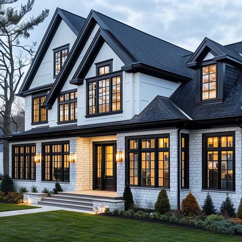 7+ Bold Black and White Trim Around Windows Exterior Ideas • 333+ Inspiring Lifestyle Ideas Black Dormers White House, White Black Home Exterior, Black Farmhouse Windows Exterior, Black Steel Arched Windows, White House Black Window Trim, Home Exterior Black Windows, Black Interior Windows With White Trim, Homes With Black Windows Exterior, Windows Exterior Ideas