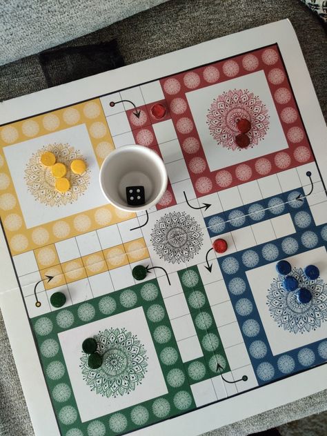 I designed this board on Adobe Illustrator, combined with my hand-drawn mandalas. I printed it in four 8 x 8 inch sections using some sticker sheets. I used a foam board as the base for this game board, and peeled the printed sticker sheets off and attached them to the foam board carefully. I created the dice and game pieces with clay, and painted them with acrylic. Ludo Board Design, Ludo Board Game, Ludo Board, Painted Boards, Game Board, Game Pieces, Foam Board, Diy Arts And Crafts, Board Design