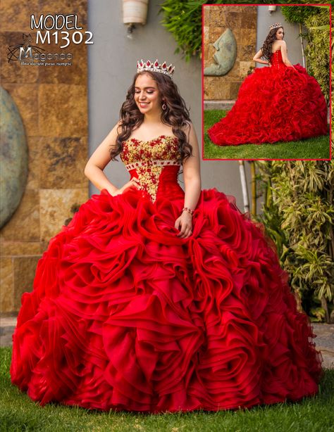 Fabuloso vestido de quince años en dos piezas: corset y falda. Color rojo con detalles en oro. Elaborado en organza con fina pedreria de criastal en tonos rojo y dorado. Corset strapless ajustado por medio de jaretas para un mejor realze de la figura. Falda con cola retractil y hermoso diseño de rosas en organza unico y exuberante. Vestido 100% mexicano. Quince Dresses, Color Rojo, Quince, Quinceanera, Ball Gowns, Formal Dresses, Hair, Dresses, Quick Saves