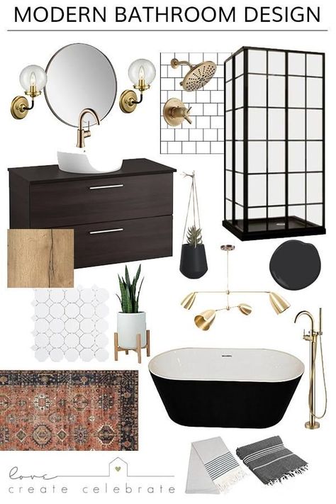 Beautiful Modern Entry Design plans! Love the black and white, and mixed metallics in this modern bathroom design. The glass shower and black freestanding tub against the gold faucets will look beautiful! #bathroom #bathroomdesign #moodboard #gold #vintage Black Freestanding Tub, Bathroom Design Plans, Black Tub, Simple Bathroom Designs, Simple Bathroom Decor, Modern Entry, Entry Design, Bathroom Decorating, Freestanding Tub