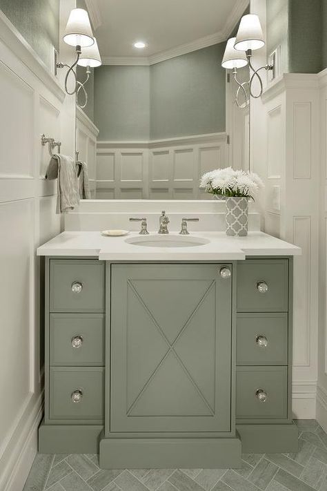 Sage Green Washstand with Gray Marble Herringbone Pattern Floor Tiles - Transitional - Bathroom Powder Bath Vanity, Pattern Backsplash, Sage Green House, Bathroom Cottage, Downstairs Wc, Bathroom Transitional, Green Kitchens, Green Headboard, Bathroom Rustic