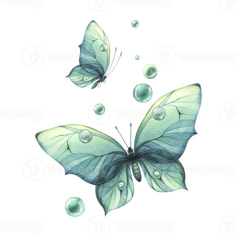 Butterfly Composition, Bubbles Watercolor, Wings Flying, Butterfly Sketch, Simple Butterfly, The Wings, Blue Turquoise, Vector Photo, Premium Photo