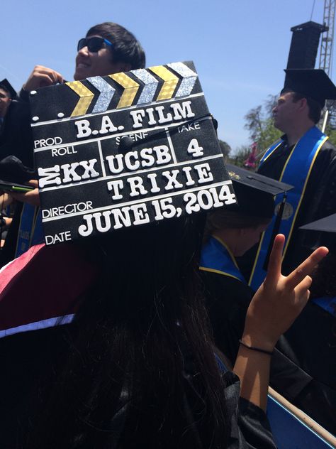 Film major college graduation cap UCSB c/o '14 Film School Graduation Caps, Graduation Cap Designs Acting, Film Major Graduation Cap, Graduation Cap Designs Film, Film Grad Cap, Film Major Graduation Pictures, Film Graduation Cap, Theater Graduation Cap, Film School Graduation