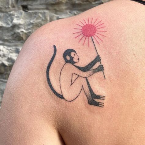 Sapajou Tattoo (she / her) on Instagram: "Thank you Leni for this nice idea, happy to have given you this little guardian of the sun ! May it keep you warm in the swedish winter ! and gives you sunshine on rainy days... This tattoo was inked during my wonderfull time in Stockholm at @myndigheten who kindly hosted me ❤️" Spider Monkey Tattoo, Monkey Zodiac Tattoo, Sock Monkey Tattoo, Chimp Tattoo, Cute Monkey Tattoo, Chi Tattoo, Swedish Tattoo, Monkey Tattoo, Monkey Tattoos