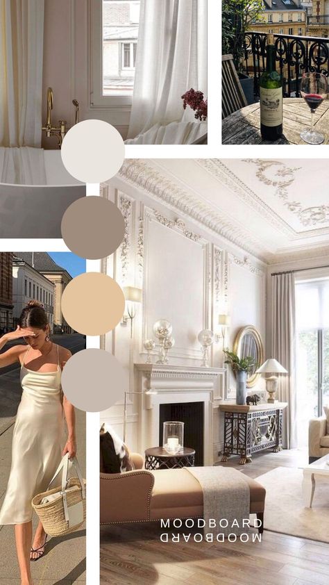 Parisian Wall Colors, Parisian Style Color Palette, Parisian Interior Color Palette, French Color Pallete, Parisian Color Palette French Style, European Mood Board, French Colour Palette, Parisian Mood Board, Parisian Interior Bedroom