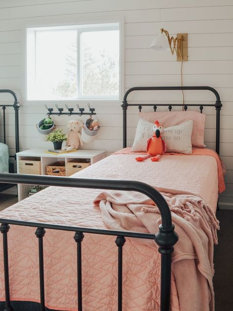 Cottage Style Kids' Bedroom Reveal! Kid's bedroom ideas with shiplap wall and farmhouse style decor.. Iron Kids Bed, Acreage Ideas, Kids Bedroom Makeover, Farmhouse Design Ideas, Diy Toddler Bed, Fall Bedroom Decor, Cozy Fall Bedroom, Bedroom Reveal, Shiplap Wall