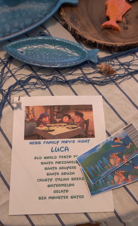 Luca Movie Night, Movie And Dinner Theme, Movie Theme Night, Movie Night Snacks Ideas, Movie Themed Dinner, Disney Movie Night Dinner, Luca Movie, Movie Dinner, Movie Night Dinner